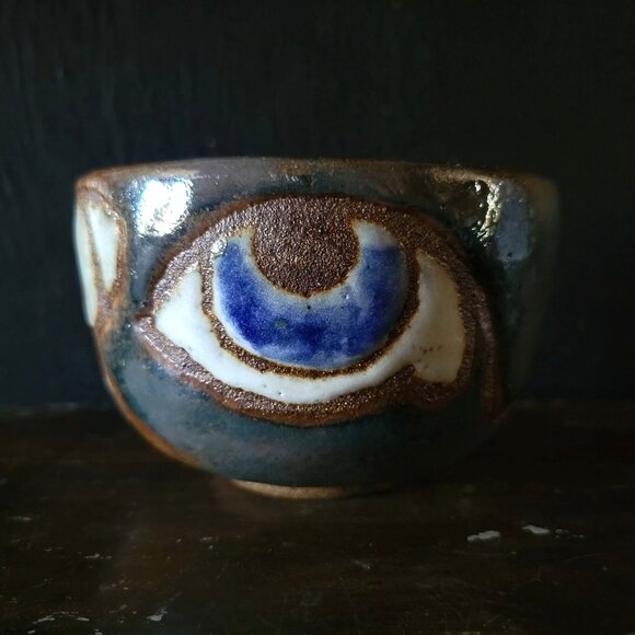 Studio Pottery Bowl Abstract Faces and Eyes Motifs Handmade Brown & Blue Glazes - Picture 1 of 11
